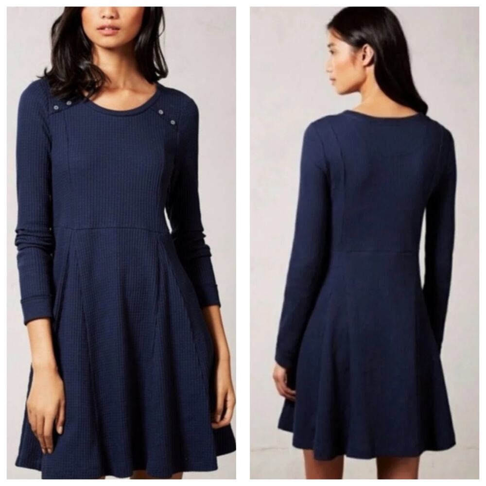 Anthropologie Eloise Navy Thermal Long Sleeve Mini Dress Size Large Casual